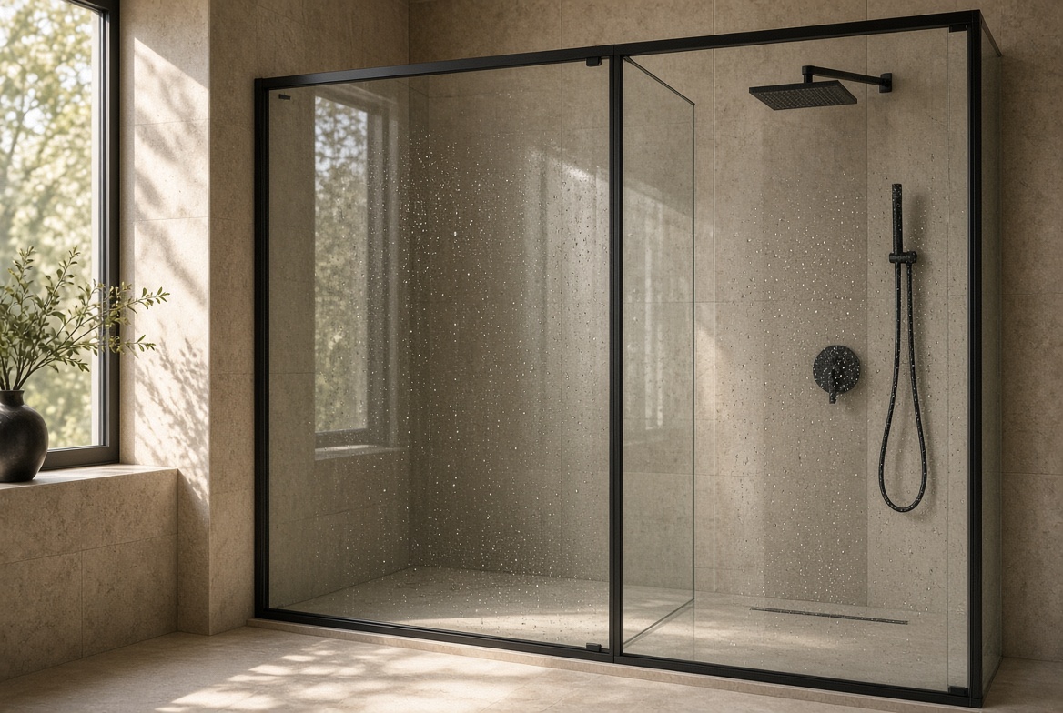 Cabina de baño en vidrio con perfil negro