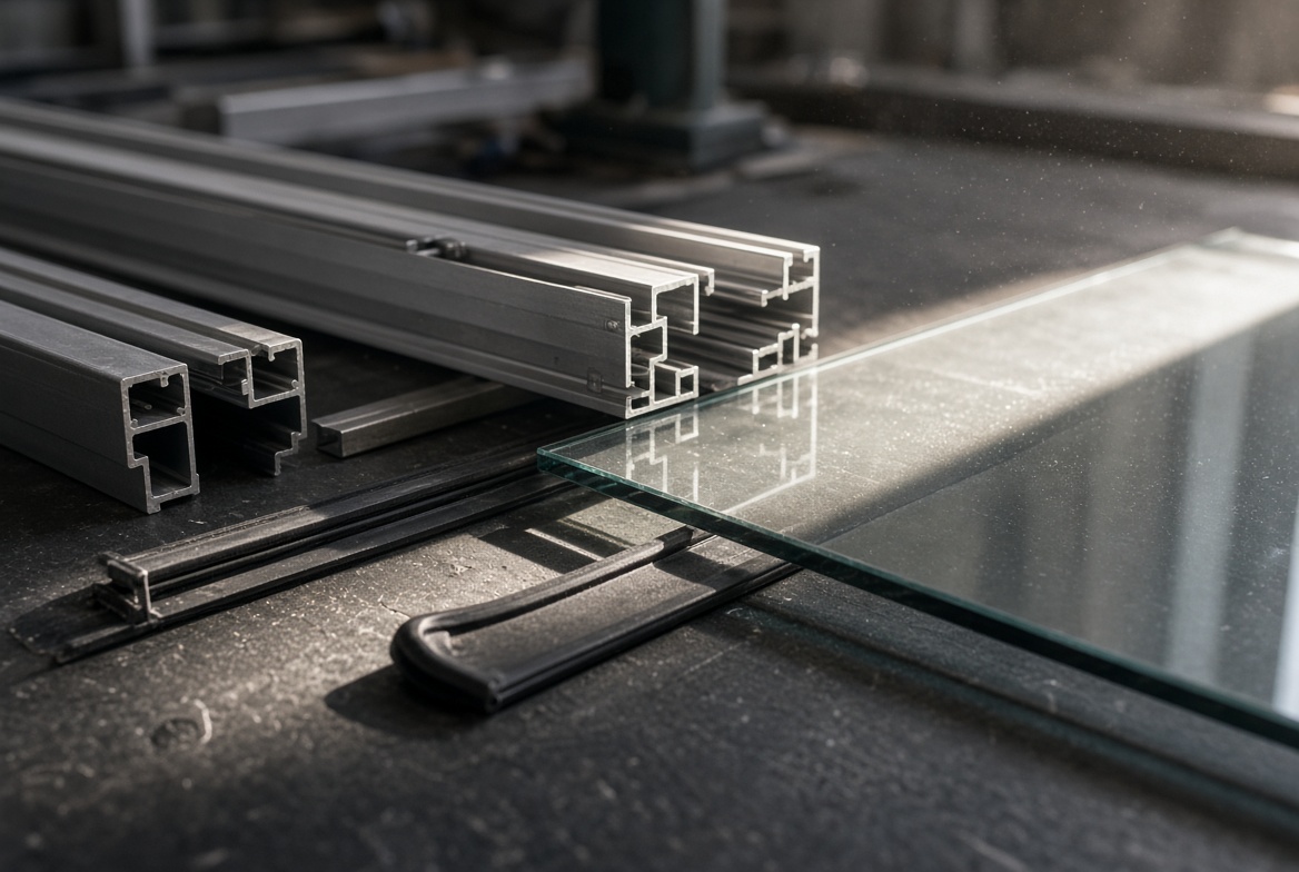Corte de perfiles de aluminio junto a un vidrio